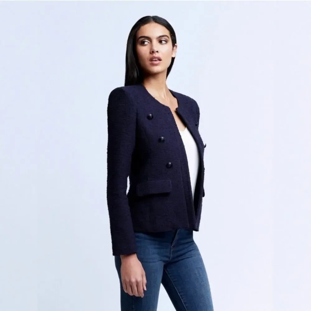 L'agence Effie Jacket Tweed Boucle Blazer in Midnight Navy Blue Size 8 Large - Picture 3 of 10
